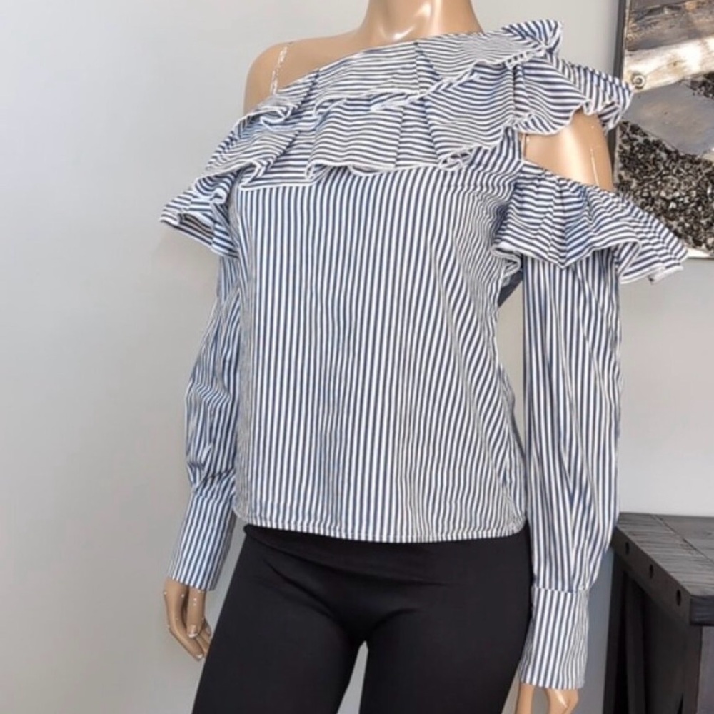 Leith Blue and White Striped One Shoulder Ruffle Blouse - NWOT